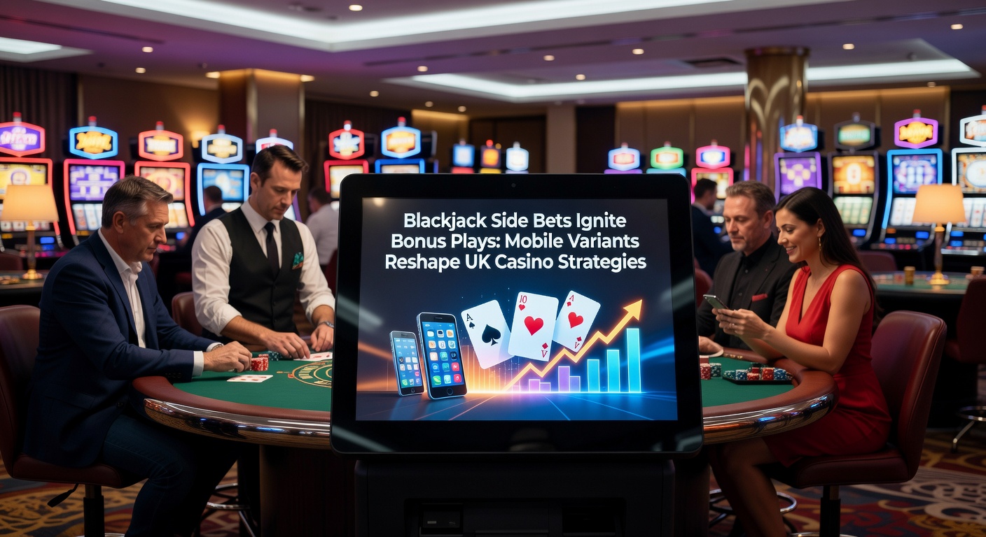 Smartphone screen displaying a live mobile blackjack game with illuminated side bet buttons, bonus bar filling up, and dealer waving from a streamed table