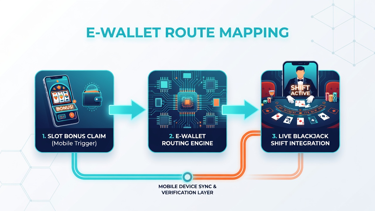 Diagram illustrating e-wallet transaction pathways from mobile slots to live blackjack sessions