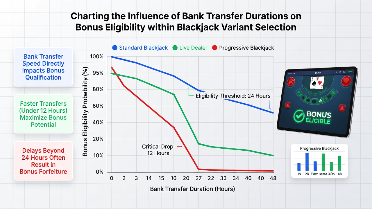 Chart comparing average bank transfer times against bonus eligibility rates for European, Atlantic City, and single-deck blackjack variants