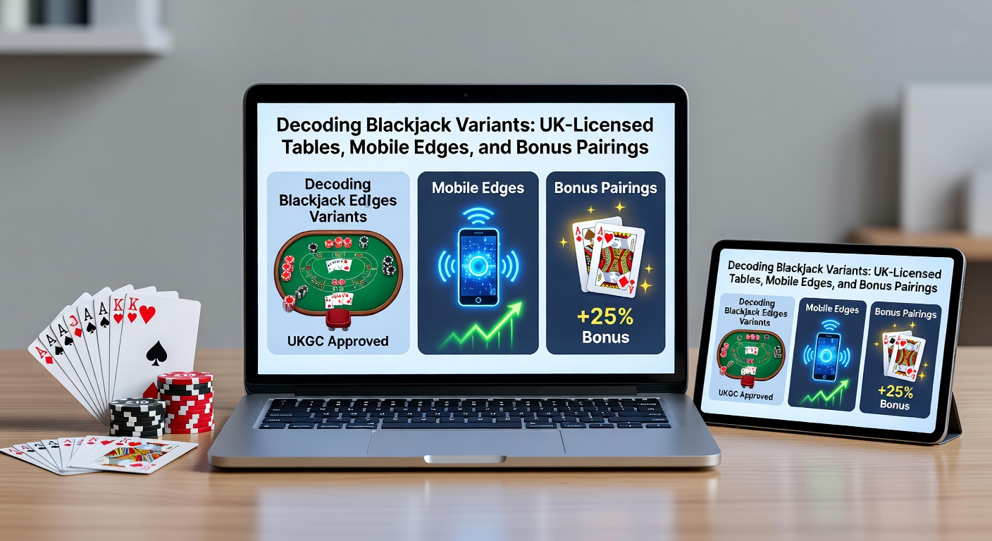 Mobile blackjack app interface showing a hand in progress on a smartphone, with bonus icons and variant selection menus visible
