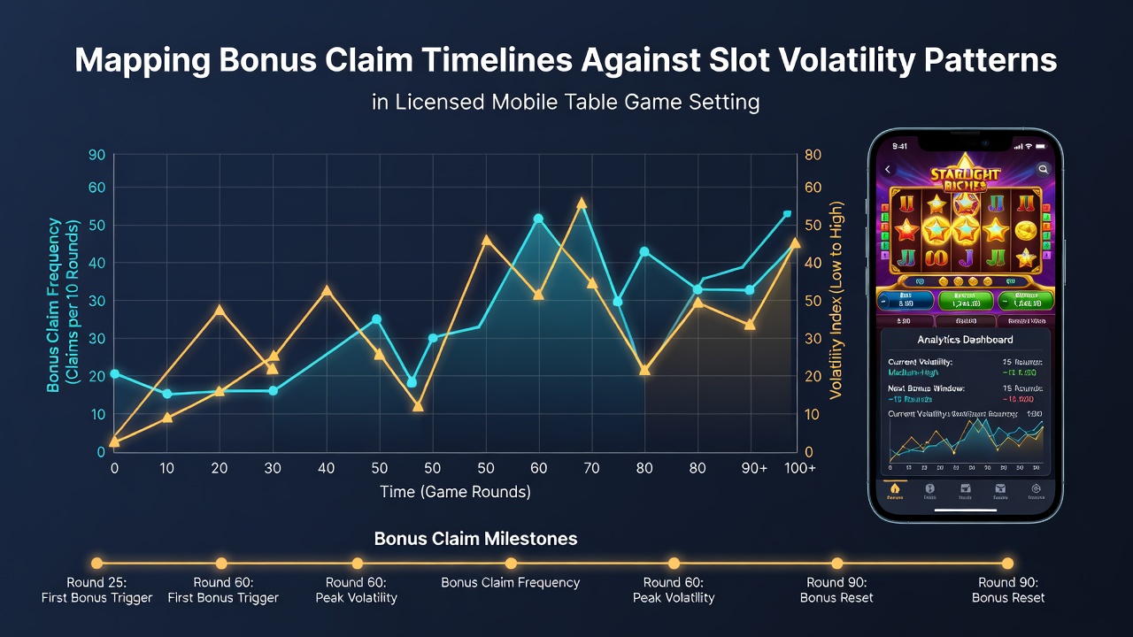 Infographic displaying mapped data points of bonus claims versus slot volatility in regulated mobile casino applications