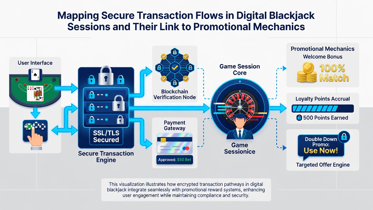 Secure transaction flow diagram illustrating blackjack session payments connected to promotional credit verification steps
