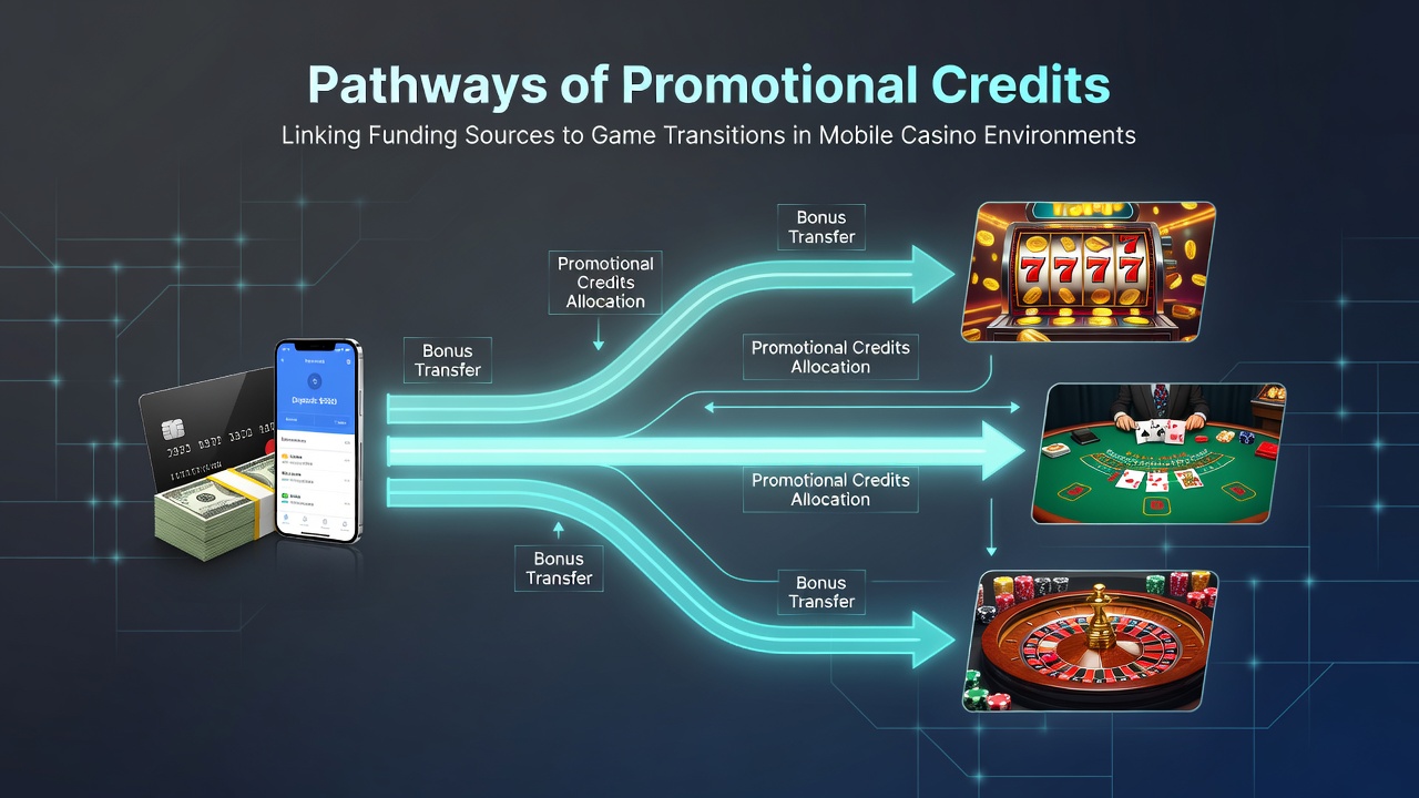 Illustration of mobile casino interface displaying credit balance during game category switch