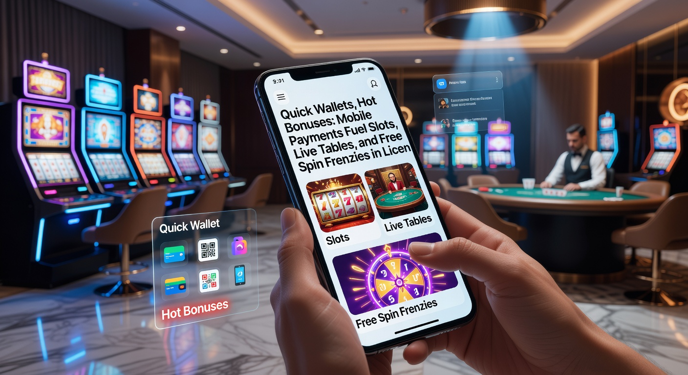 Dynamic split-view of a player's hand holding a smartphone with active casino wallet deposit, overlaid on slot reels exploding with wins, live dealer cards flipping, and free spin counters ticking up