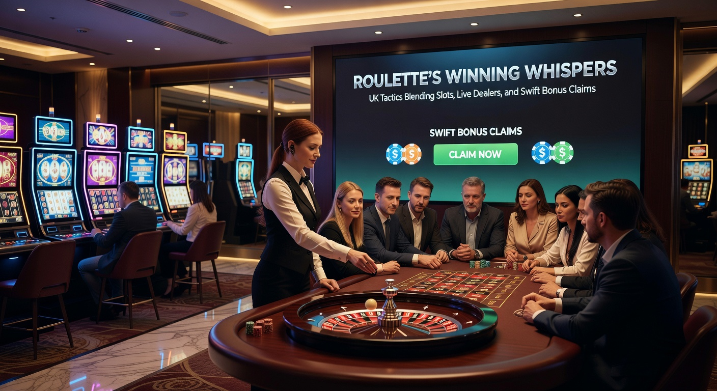 Live dealer at a roulette table interacting with players, surrounded by digital slot interfaces and bonus claim notifications